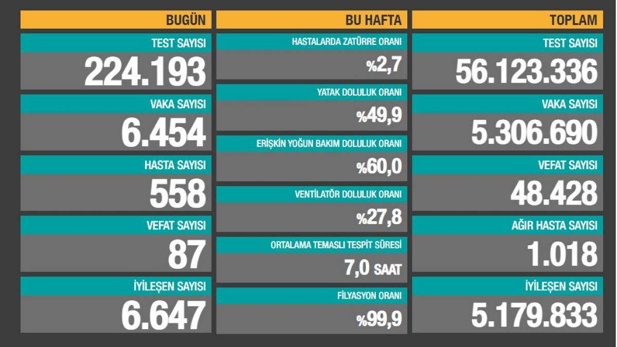 Türkiye'de son 24 saatte 224 bin 193 Covid-19 testi yapıldı, 6 bin 454 kişinin testi pozitif çıktı, 87 kişi hayatını kaybetti.