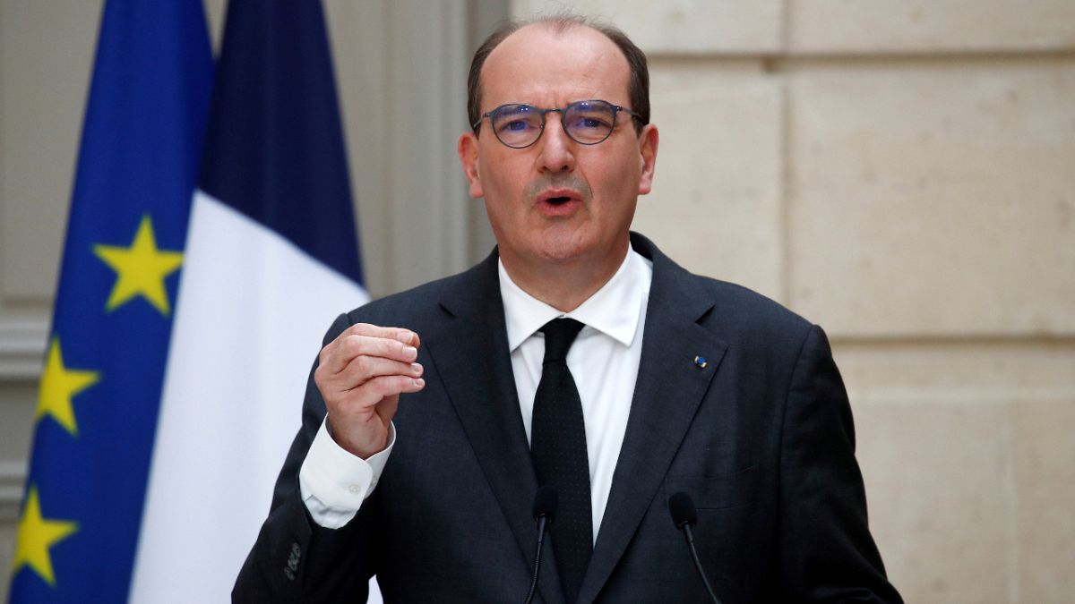 French Prime Minister Jean Castex speaks during a news conference at the Elysee Palace in Paris, France, Wednesday, April 28, 2021. 
