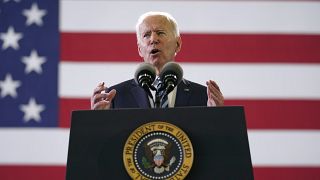 President Joe Biden speaks to American service members at RAF Mildenhall in Suffolk, England, Wednesday, June 9, 2021.