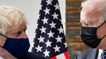 U.S. President Joe Biden, right, talks with Britain's Prime Minister Boris Johnson, during their meeting ahead of the G7 summit in Cornwall, Britain, Thursday June 10, 2021. 