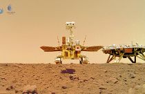 A remote camera captured Zhurong next to its landing platform on the Red Planet