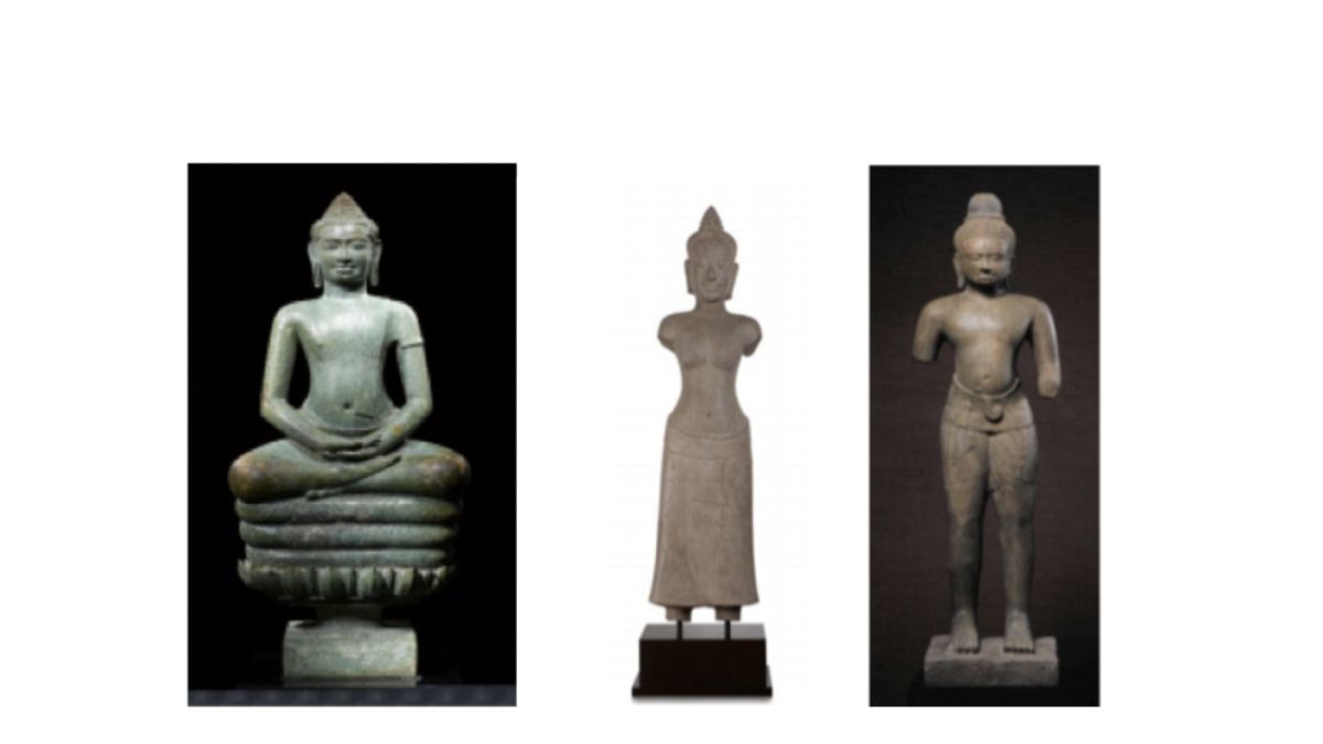 Naga üzerinde meditasyon yapan Bronz Buda (sol), Kumtaşı Prajnaparamita (orta) ve Kumtaşı Duran Shiva.