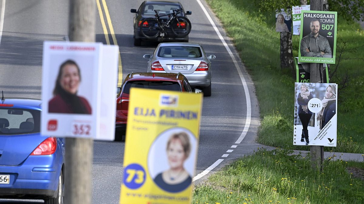 Campaign posters of the municipal elections on the roadside in Espoo, Finland, on May 25, 2021. 