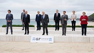 G7 leaders pose for a group photo overlooking the beach at Carbis Bay, St Ives, Cornwall, England June 11, 2021.