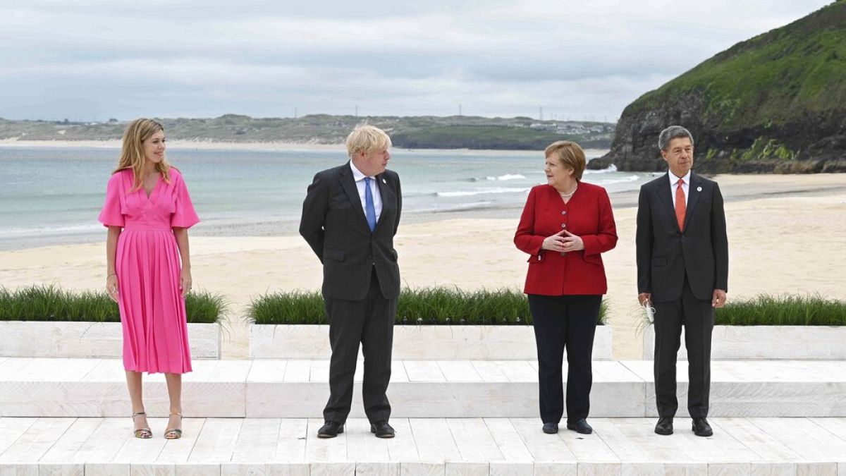 Carrie und Boris Johnson mit Angela Merkel und Peter Sauter in Cornwall beim G7-Gipfel