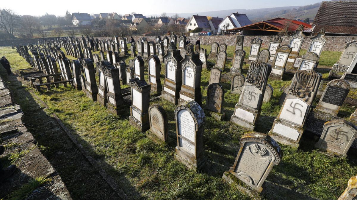 Vandalized tombs are pictured in the Jewish cemetery of Westhoffen, west of the city of Strasbourg, eastern France, Wednesday, Dec. 4, 2019. 