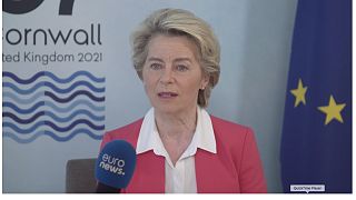 European Commission President Ursula von der Leyen speaking exclusively to Euronews at the G7 summit, Cornwall, England, June 13, 2021.