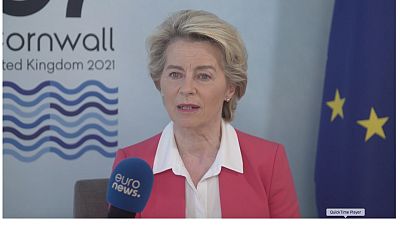 European Commission President Ursula von der Leyen speaking exclusively to Euronews at the G7 summit, Cornwall, England, June 13, 2021.