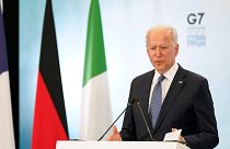 President Joe Biden speaks during a news conference after attending the G-7 summit, Sunday, June 13, 2021, at Cornwall Airport in Newquay, England