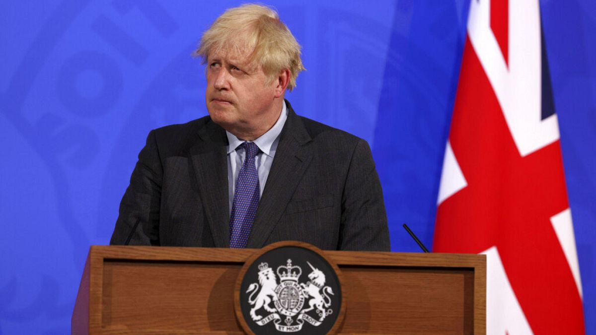 Britain's Prime Minister Boris Johnson attends a media briefing in Downing Street, London, Monday, June 14, 2021