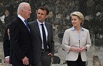 US President Joe Biden, France's President Emmanuel Macron and President of the European Commission Ursula von der Leyen during the G7