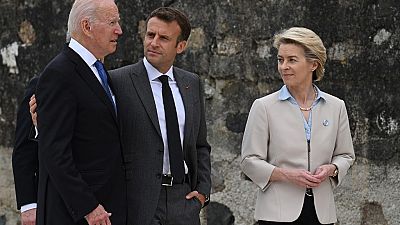 US President Joe Biden, France's President Emmanuel Macron and President of the European Commission Ursula von der Leyen during the G7