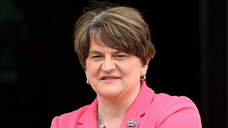  Arlene Foster looks at the media on the steps of parliament buildings, Stormont, Belfast, Northern Ireland, Tuesday, June 8, 2021.