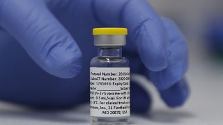 A vial of the Phase 3 Novavax coronavirus vaccine is seen ready for use in the trial at St. George's University hospital in London.