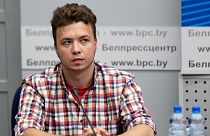 Belarusian dissident journalist Raman Pratasevich attends a news conference at the National Press Center of Ministry of Foreign Affairs in Minsk, Belarus, Monday, June 14.