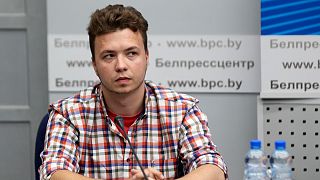 Belarusian dissident journalist Raman Pratasevich attends a news conference at the National Press Center of Ministry of Foreign Affairs in Minsk, Belarus, Monday, June 14.