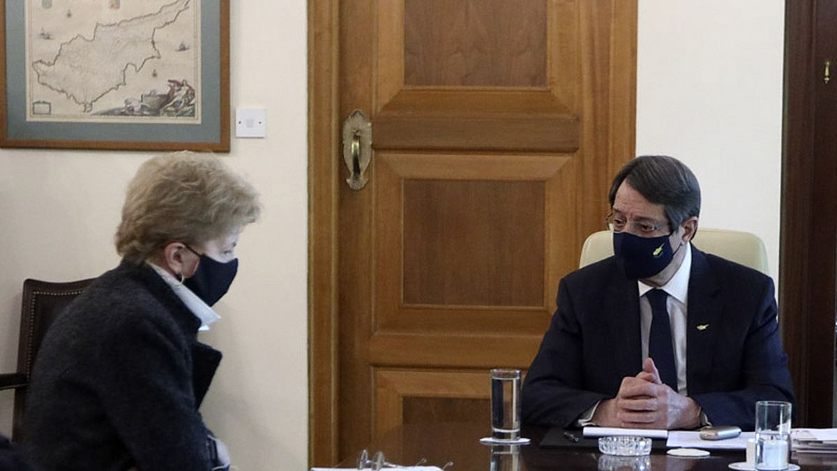 Cyprus President Nicos Anastasiades, right, and United Nations Secretary General advisor Jane Holl Lute