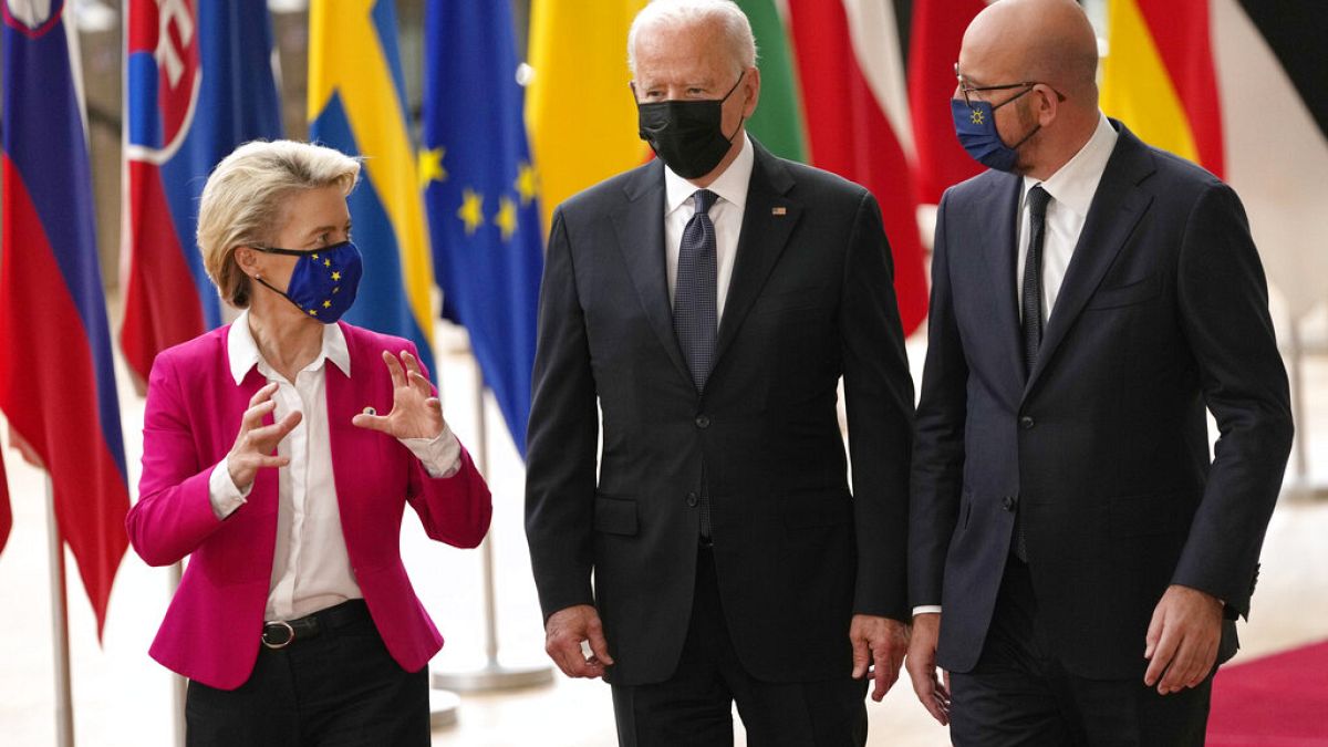 European Commission President Ursula von der Leyen, European Council President Charles Michel, right, and U.S. President Joe Biden arrive for the EU-US summit, June 15, 2021.