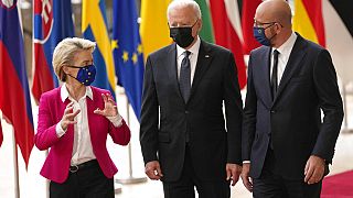 European Commission President Ursula von der Leyen, European Council President Charles Michel, right, and U.S. President Joe Biden arrive for the EU-US summit, June 15, 2021.