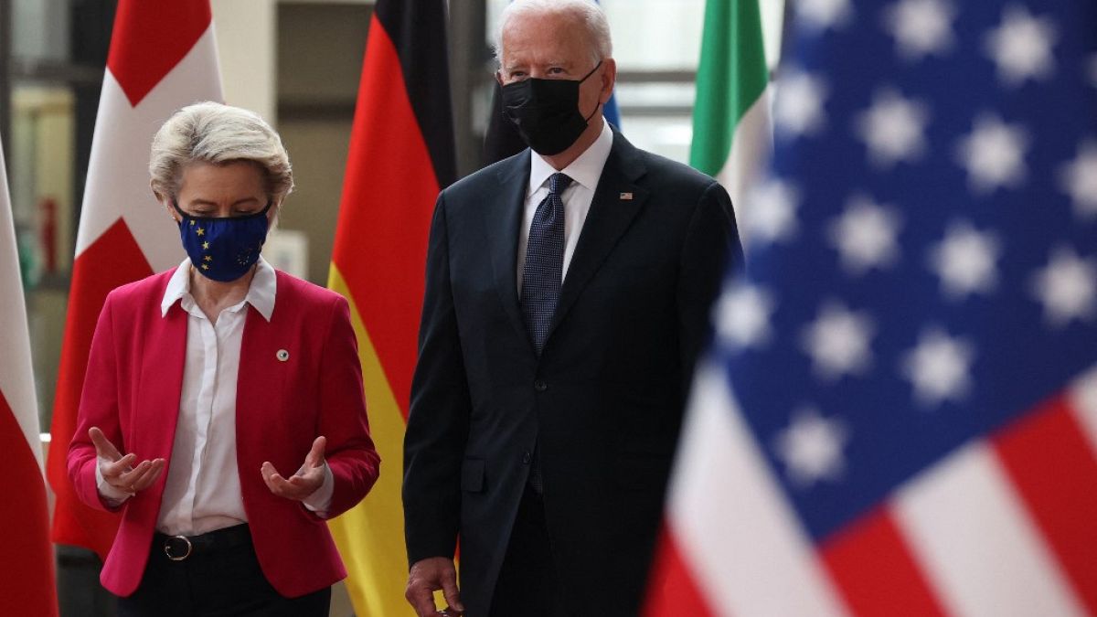 US President Joe Biden, France's President Emmanuel Macron and President of the European Commission Ursula von der Leyen at the G7