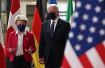 US President Joe Biden, France's President Emmanuel Macron and President of the European Commission Ursula von der Leyen at the G7
