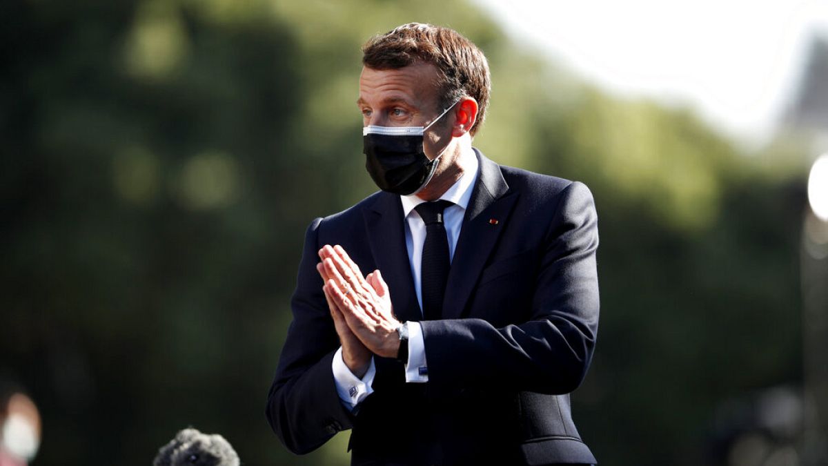 French President Emmanuel Macron arrives for an EU summit at the Crystal Palace in Porto, Portugal, Saturday, May 8, 2021