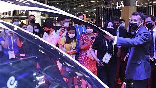 French President Emmanuel Macron visits stands at the VivaTech startup and tech event in Paris Wednesday, June 16, 2021.