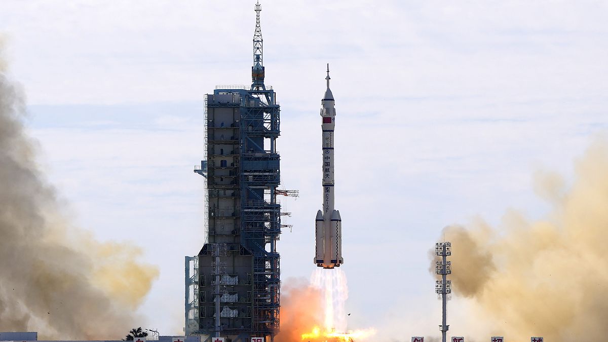 A Long March-2F Y12 rocket carrying a crew of Chinese astronauts in a Shenzhou-12 spaceship lifts off at the Jiuquan Satellite Launch Center in China, June 17, 2021. 