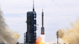 A Long March-2F Y12 rocket carrying a crew of Chinese astronauts in a Shenzhou-12 spaceship lifts off at the Jiuquan Satellite Launch Center in China, June 17, 2021.