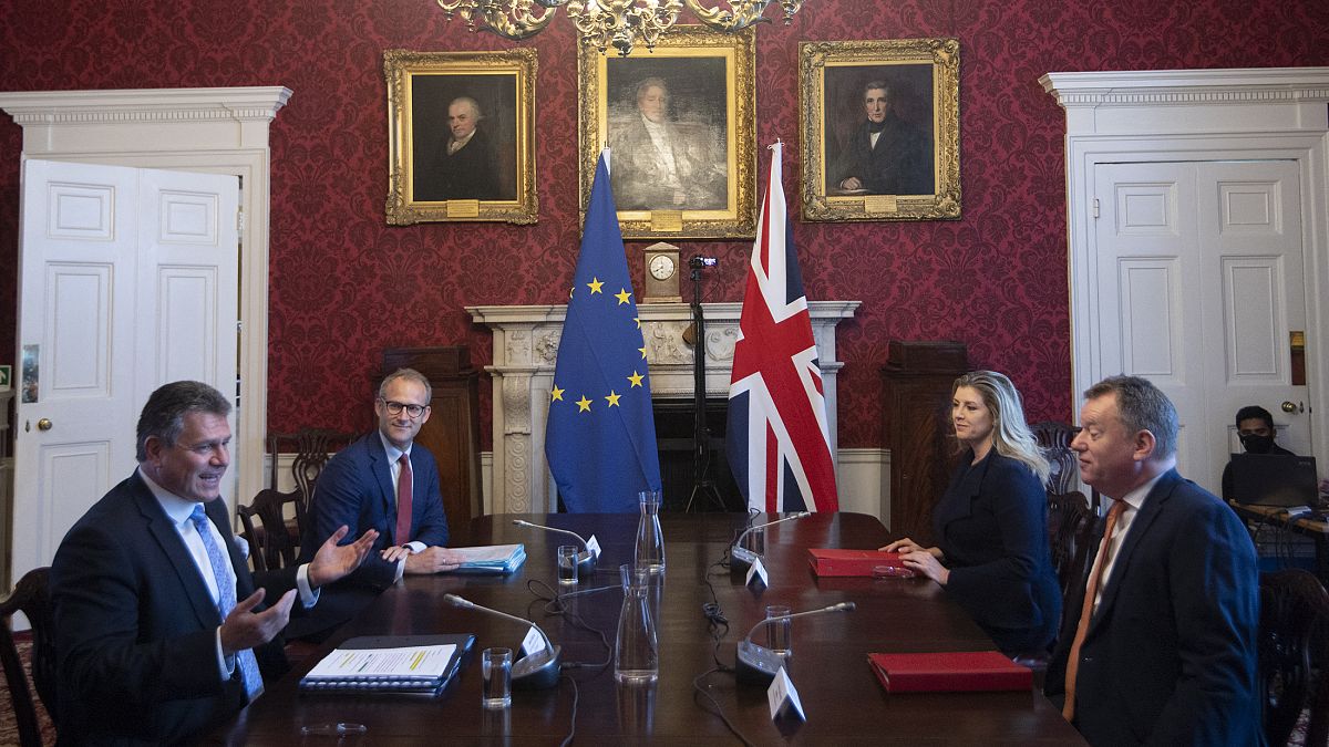 European Commission vice-president Maros Sefcovic (L) and his UK counterpart David Frost in post-Brexit Partnership Council and Joint Committee meetings, London, June 9, 2021.