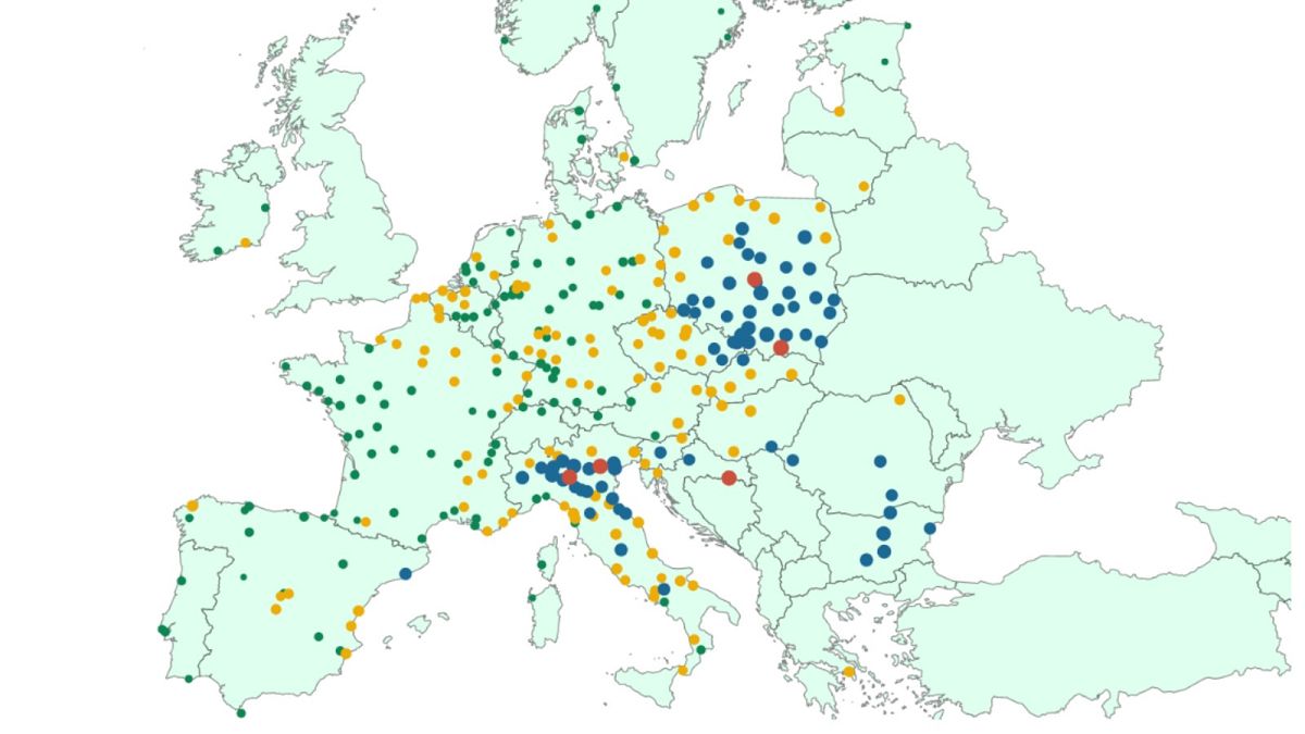 A map of EU cities based on air pollution levels based on data from the European Environment Agency.