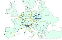 A map of EU cities based on air pollution levels based on data from the European Environment Agency.