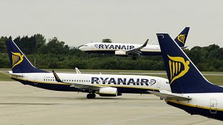 Ryanair planes pictured at London Stansted Airport in the UK.