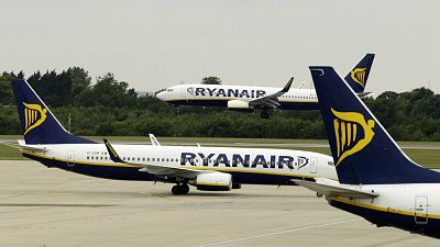 Ryanair planes pictured at London Stansted Airport in the UK.