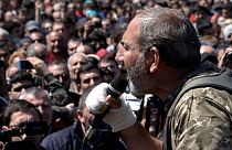 A photo taken on April 17, 2018 shows opposition leader Nikol Pashinyan speaking during an opposition rally in central Yerevan