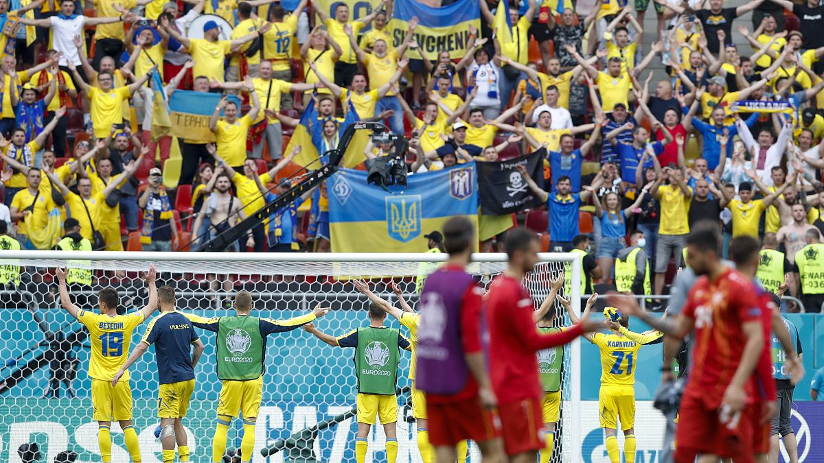 Ukraine players greet their supporters following their Euro 2020 group C match against North Macedonia at the National Arena stadium, Bucharest, Romania, June 17, 2021.