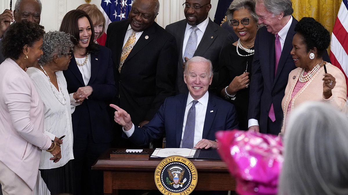 President Joe Biden after signing the Juneteenth National Independence Day Act, in the East Room of the White House, June 17, 2021, in Washington. 
