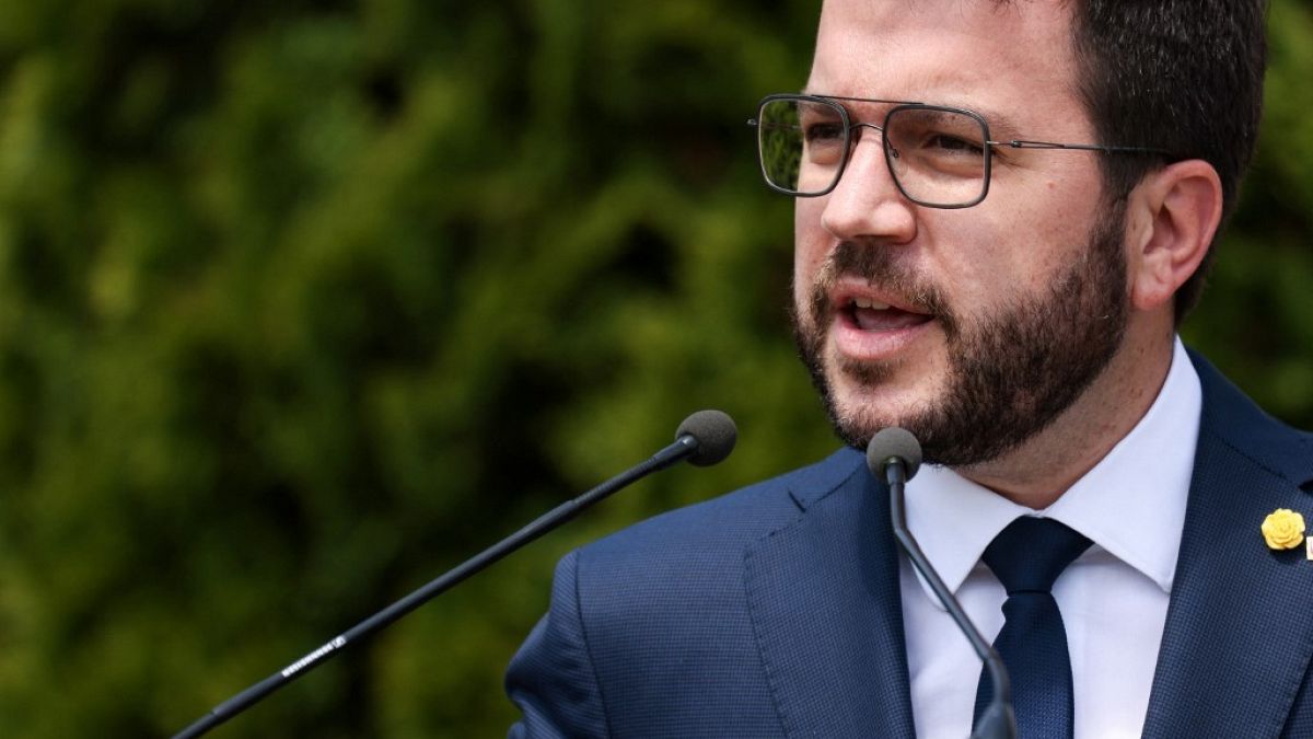 Newly appointed Catalan regional president Pere Aragones speaks during a press conference in Belgium