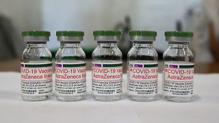 Five bottles of the AstraZeneca COVID-19 vaccine are placed at Songshan Cultural and Creative Park in Taipei, Taiwan, Wednesday, June 16, 2021.