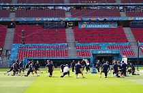 France players attend a training session at the Ferenc Puskas stadium in Budapest, Hungary, Friday, June 18, 2021,