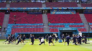 France players attend a training session at the Ferenc Puskas stadium in Budapest, Hungary, Friday, June 18, 2021,