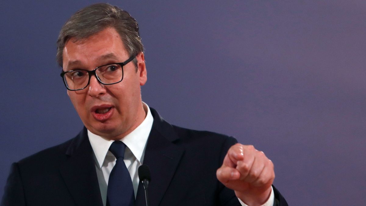 Serbian President Aleksandar Vucic speaks during a press conference in Belgrade, Serbia on Friday May 14 2021 file photo