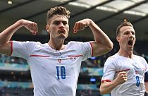 Czech Republic's Patrik Schick, left, celebrates after scoring from the penalty spot during the Euro 2020 championship against Croatia in Glasgow on Friday, June 18, 2021