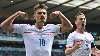 Czech Republic's Patrik Schick, left, celebrates after scoring from the penalty spot during the Euro 2020 championship against Croatia in Glasgow on Friday, June 18, 2021