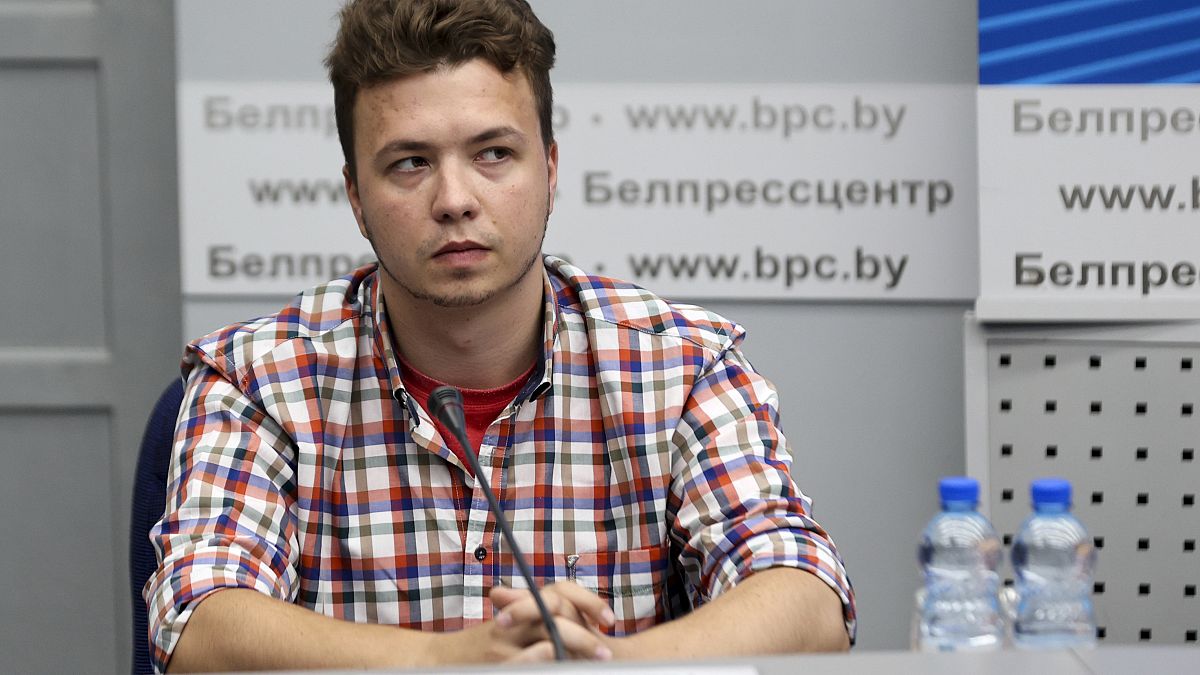 Belarusian dissident journalist Roman Protasevich attends a news conference at the Ministry of Foreign Affairs in Minsk, Belarus, Monday, June 14, 2021.