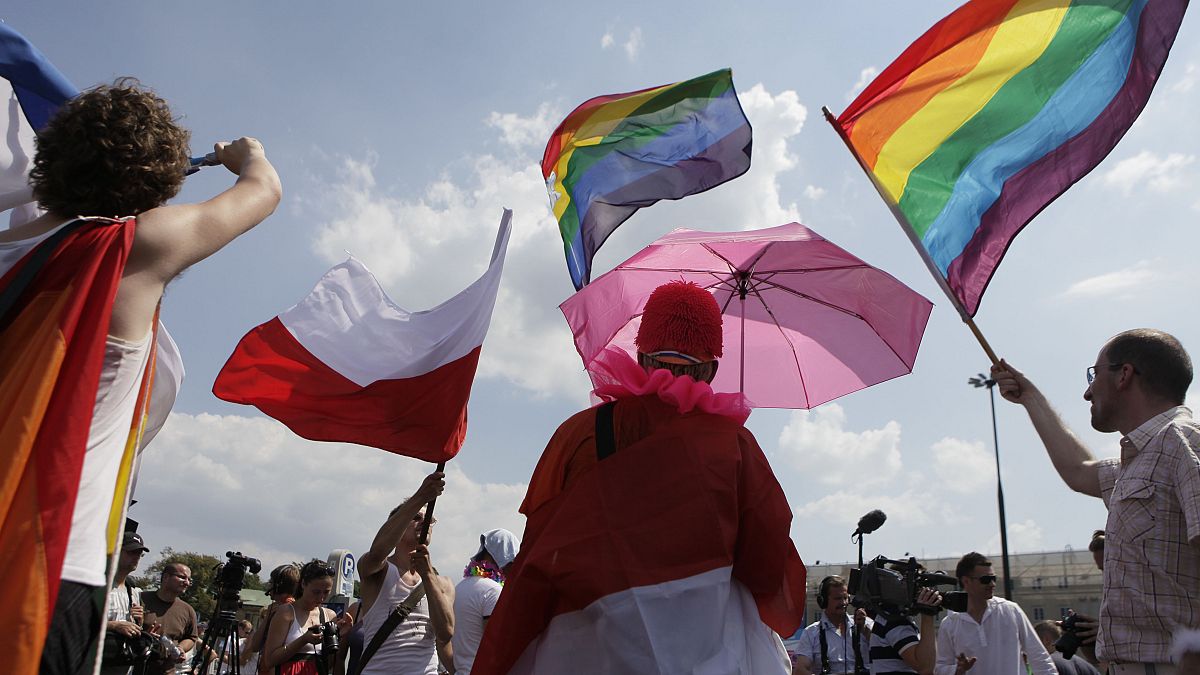 FILE: Participants dance as they march through Warsaw downtown during the Euro Pride gay parade in Warsaw, Poland, Saturday, July 17, 2010.