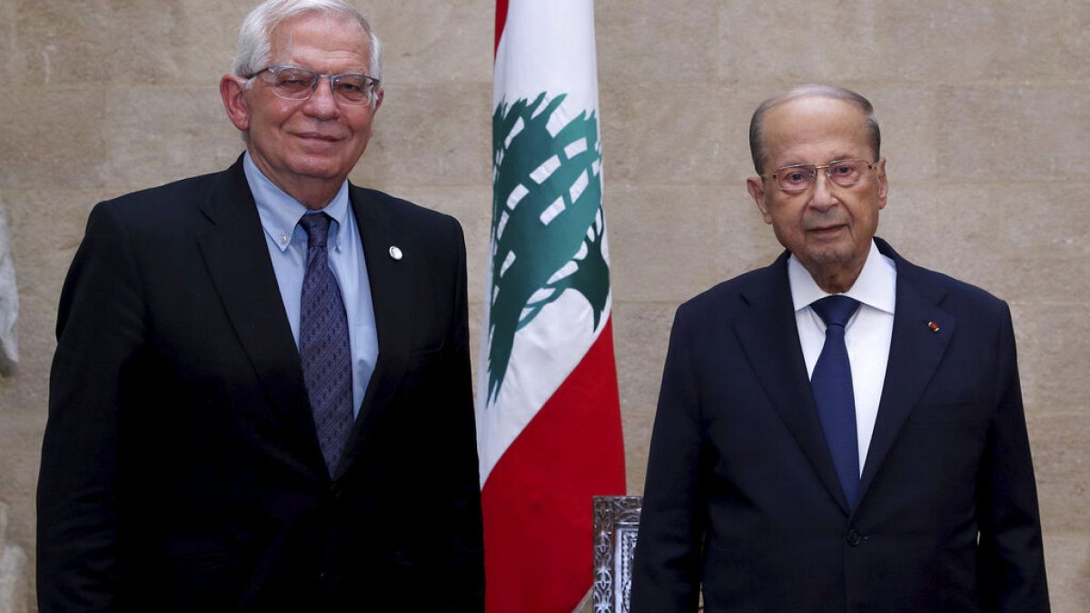 Josep Borell EU-főképviselő és Michel Aun libanoni államfő találkozója 2021. június 19-én