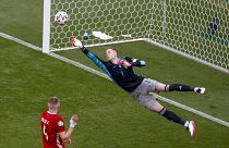 Peter Gulacsi deflects a shot away from goal during the Euro 2020 group F match between Hungary and France at the Ferenc Puskas stadium in Budapest, Hungary, June 19, 2021.