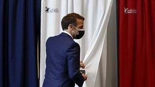 French President Emmanuel Macron during the first round of French regional and departmental elections in Le Touquet-Paris-Plage, June 20, 2021.