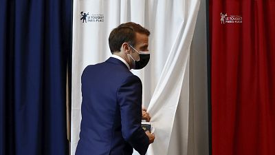 French President Emmanuel Macron during the first round of French regional and departmental elections in Le Touquet-Paris-Plage, June 20, 2021.